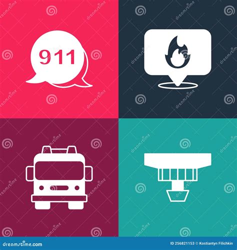 Set Pop Art Smoke Alarm System Fire Truck Location With Fire Flame