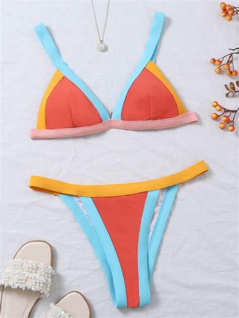 Bañador bikini tanga triángulo de color combinado Mode de Mujer