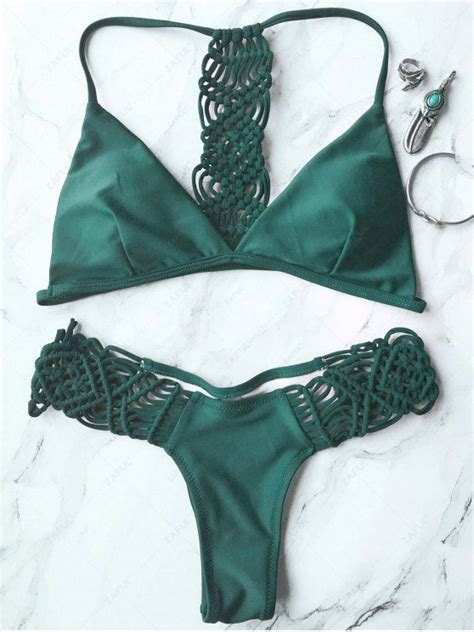 2018 Knitting Strappy Bikini Set In GREEN M ZAFUL