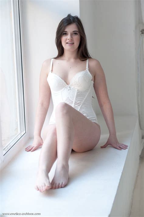 Sexy Brunette In White Lingerie Strips Naked Exposing Shaved Pussy 10 Photos