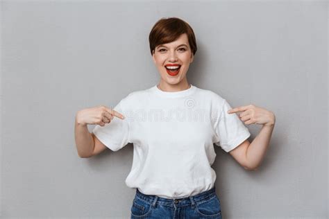 Image Of Excited Brunette Woman Smiling And Pointing Fingers At Herself Stock Photo Image Of