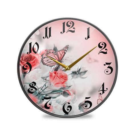 12 Round Silent Wall Clocks Pink Roses Flowers With Butterfly Acrylic