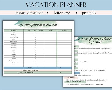 Vacation Planner Printable, Vacation Budget Planner Worksheet