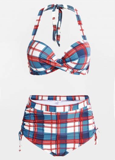 Plaid Print High Waisted Drawstring Side Bikini Set Modlily USD