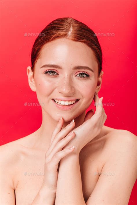 Front View Of Sensual Caucasian Girl With Cute Smile Studio Shot Of Refined Nude Woman Isolated
