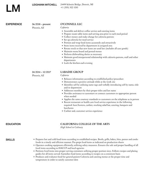 Cafeteria Resume Samples Velvet Jobs