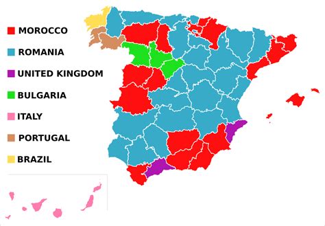 Most common foreign citizenship in Spain (From r/europe) : r/MapPorn