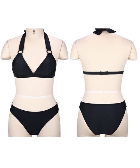 Ring Accents Triangle Halter Bikini Set Sexy Solid Brazilian Swimsuit For Women Black