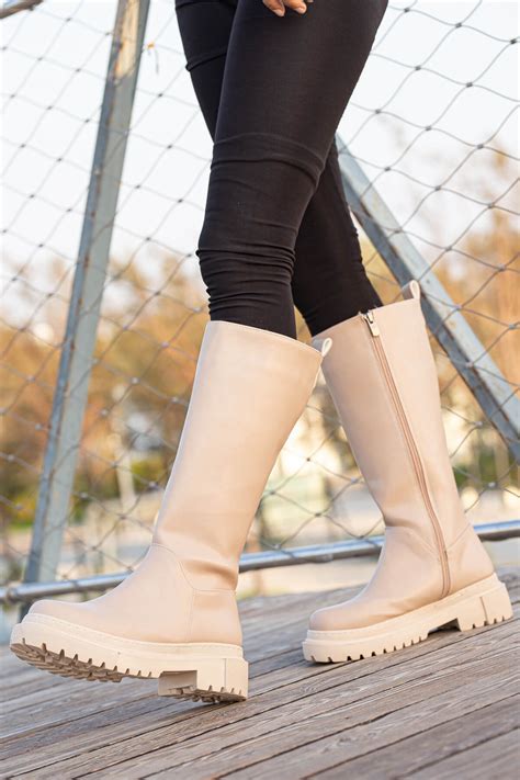 Fermuarlı Kadın Düz Çizme NUDE CİLT