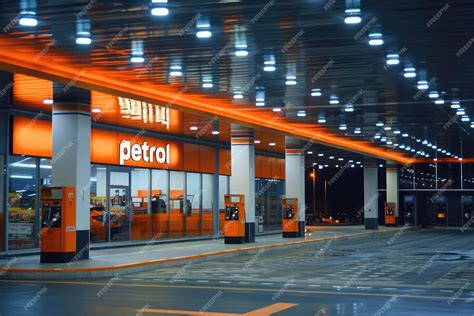 Modern Gas Station At Night With Illumination Premium Ai Generated Image
