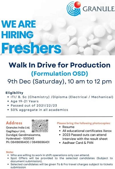 Granules Gagillapur Walk In Interview On 9th December 2023 Pharmajobs