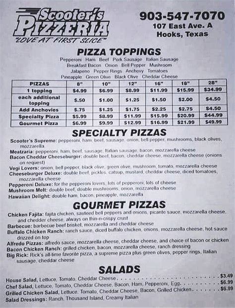 Scooters Pizzeria Menu In Hooks Tx Order Delivery And Reviews