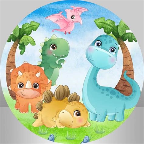 Cartoon Dinosaur And Trees Round Baby Shower Backdrop Baby Shower