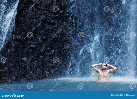 Man Having A Shower In Waterfall Stock Photo Image Of Naked Handsome