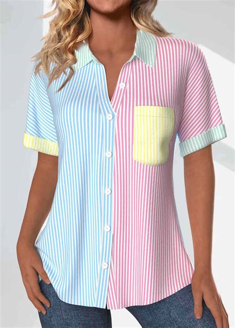 Striped Patchwork Rainbow Color Short Sleeve Shirt Collar Blouse