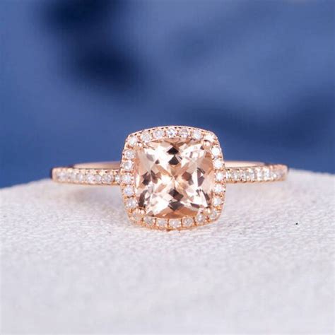 Cushion Cut Morganite Engagement Ring Rose Gold Halo Diamond