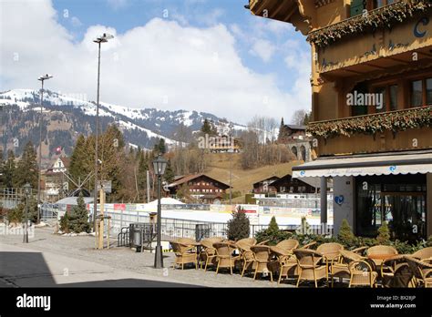 Restaurant And Outdoor Skating Rink At Gstaad Switzerland Stock Photo