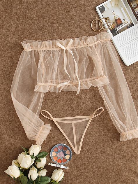 Ruffle Trim Bardot Mesh Lingerie Set