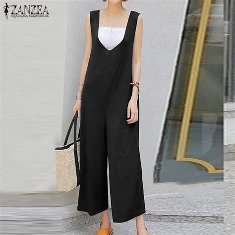 Zanzea Women Sleeveless Casual Deep V Neck Wide Legged Loose Jumpsuits