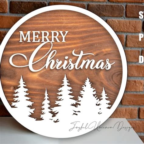 Merry Christmas Round Sign Svg Christmas Trees Door Hanger Etsy