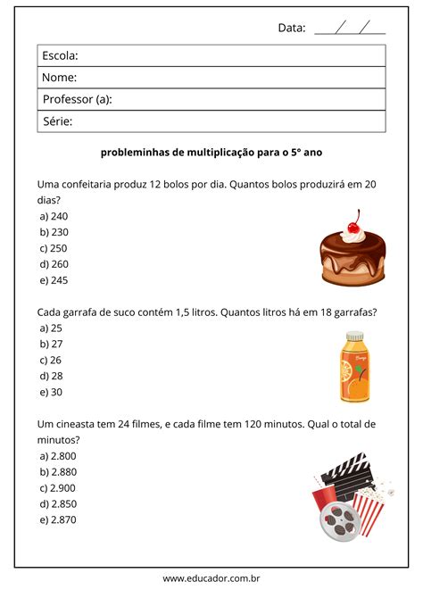 Contas De Multiplicação 5 Ano Com Respostas - Probleminhas de multiplicação para o 5° ano com gabarito - Educador