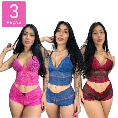 Kit 3 Conjunto Calesson Espera Marido Renda Forro Sem Bojo Lingerie