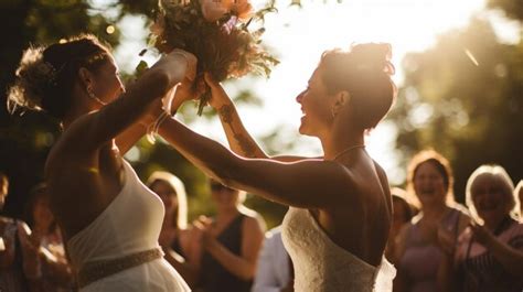 Lesbianas Con Vestidos De Ceremonia De Boda Arrojaron Sus Ramos De