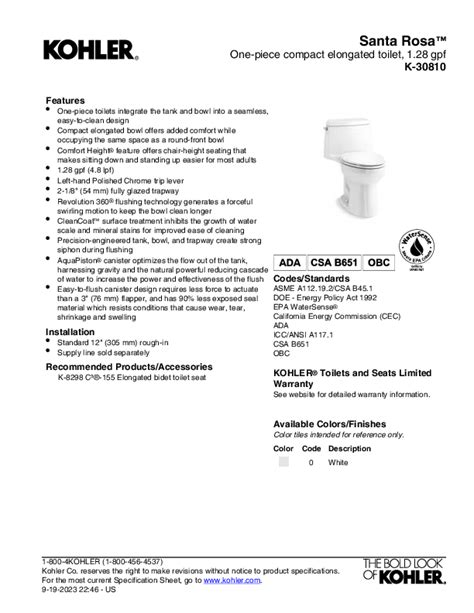 Kohler Santa Rosa K 30810 0 Compact Elongated Toilet Dimensions Guide