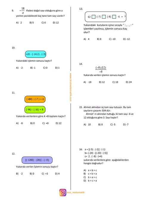 Sinif Tam Sayilarla Lemler Test Test Matematik