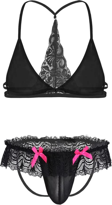 Amazon Yoojoo Sissy Men S Feminine Lace Halter Pajamas Bra Top With Bikini Briefs