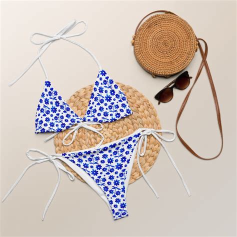Blue White Bikini String Bikini With Blue Floral Pattern Mexican Floral Bikini Watercolor