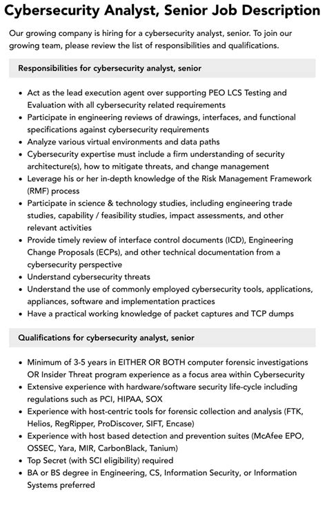 Cybersecurity Analyst, Senior Job Description | Velvet Jobs