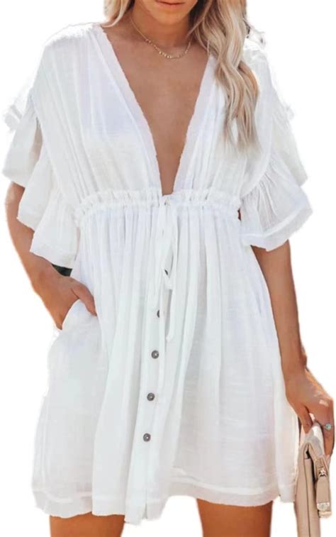 Womens Beach Cover Up Open Front Bikini Swimsuit Cover Ups With Drawstring Casual Loose Beach