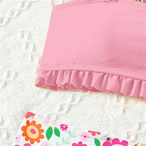 2024 Nouveau ensemble de bikini mignon avec imprimé floral et volant pour préadolescentes plage