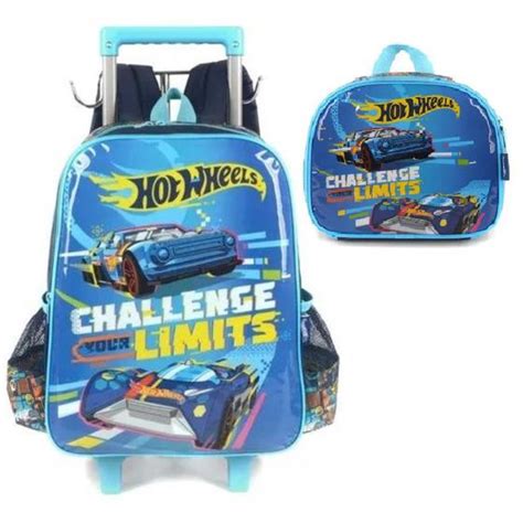 Kit Mochila Rodinha Infantil Hot Wheels G Lancheira Termica Luxcel Material Escolar