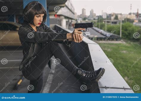 Beautiful Brunette Spy Agent Killer Or Police Woman In Leather Jacket