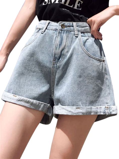 Ochine Women Denim Shorts Vintage High Waist Folded Hem Loose Fit Wide