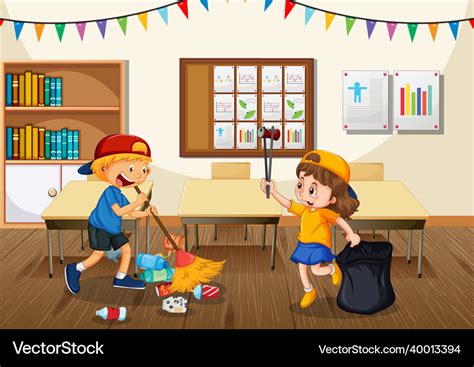 scene  students cleaning classroom  vector image