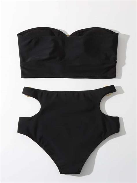 Solid Bikini Set Cut Out Ring Linked Bandeau Bra High Waisted Bottom