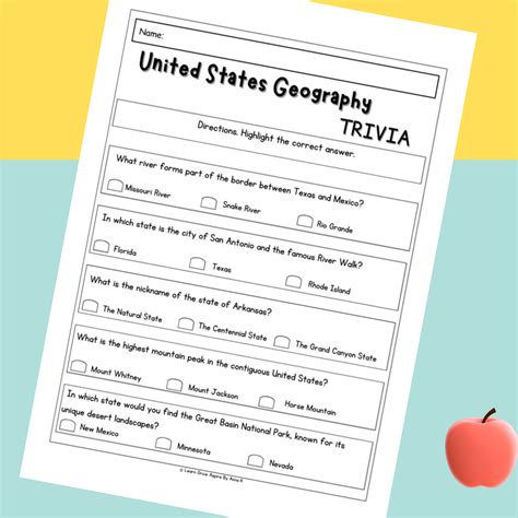 US Geography Worksheets - United States Trivia Printables & Quiz Cards