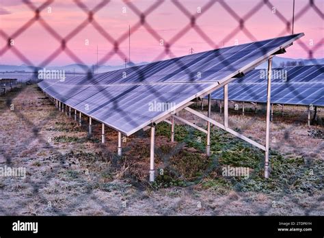 Solar Power Plant Park With Panels Beyond Chain Link Fence Subsidized