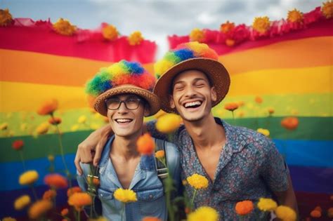 Um Lindo Casal Gay Feliz Cores Do Arco Ris Em Um Campo De Flores Papel De Parede Do M S Do