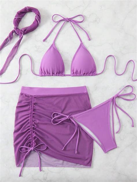 SHEIN Swim Vcay Summer Beach Pool Halterneck Triangle Cup Bikini Swimwear Set With Skirt Cover