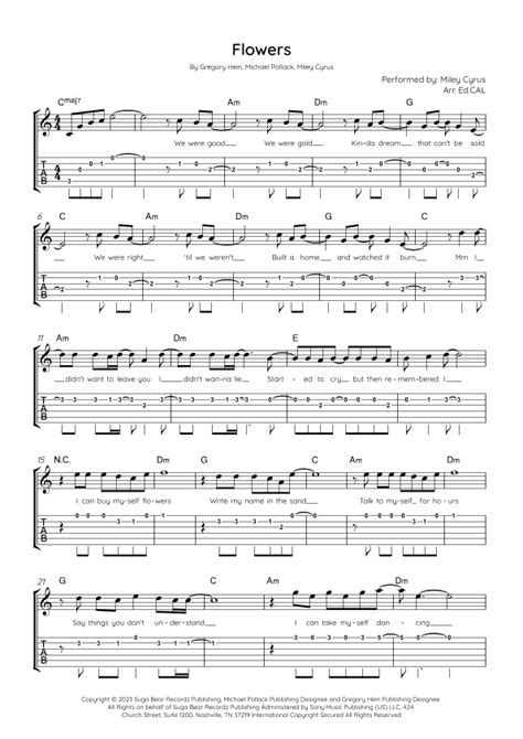 Flowers Arr Arr Ed CAL By Miley Cyrus Sheet Music For Guitar Tab At