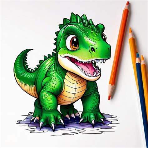 Premium Photo Cute Character Dinosaur Colored Pencil Art Dinosaur