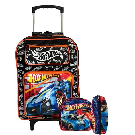 Kit Mochila Infantil Escolar Lancheira Estojo Rodinhas Hot Wheels