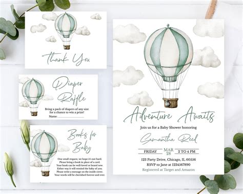 Editable Adventure Awaits Baby Shower Invitation Bundle Green Hot Air Balloon Baby Shower