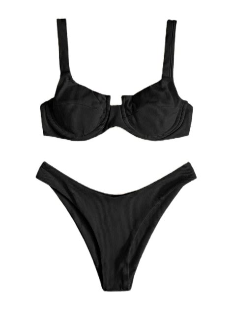 Swim Basics Rib Bikini Set Beachwear Sexy Underwire Bra China Women