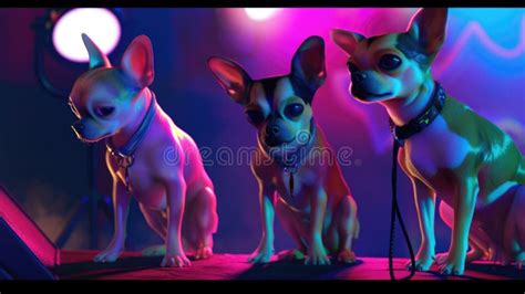 Three Small Dogs Are Sitting On A Stage With Uv Neon Illumination Stock
