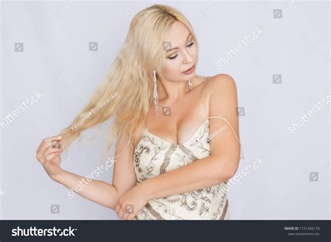 Sexy Blonde Woman Beige Cocktail Dress Stock Photo Shutterstock
